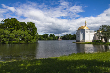 View of the Turkish bath pavilion on the shore of Great pond in Catherine's park, Tsarskoye selo,...