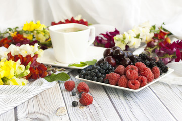Breakfast with berries. Cherry, Blueberries, raspberries.