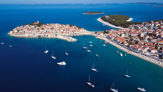 Aerial panorama of marina and resort adriatic town Primosten, Croatia.