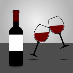 Red Wine Bottle and Two Glasses Clinking Vector - Cheers!