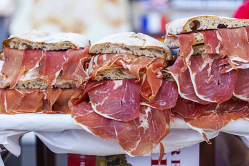 LISBON, PORTUGAL, on June 22, 2017. Tasty authentic meat delicacies are on sale at a fair of bio products