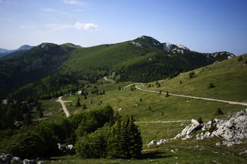 Fototapeta na wymiar View from Zavizan mountain house on Vucjak peak, Velebit mountain in Croatia