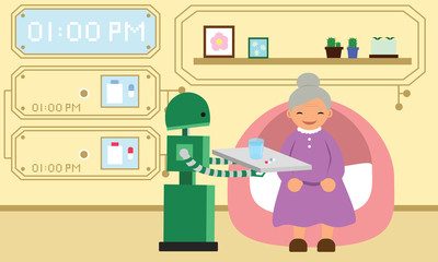 Domestic robot giving pills to grandmother. Personal robot nurse futuristic concept illustration vector.