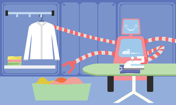 Domestic Robot ironing clothes. Personal robot housekeeping futuristic concept illustration vector.