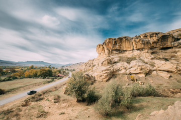 Shida Kartli Region, Georgia. Car Parking On Roadside Near Road 