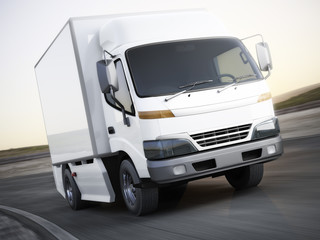 Generic white industrial transport truck traveling down the road with motion blur. 3d rendering