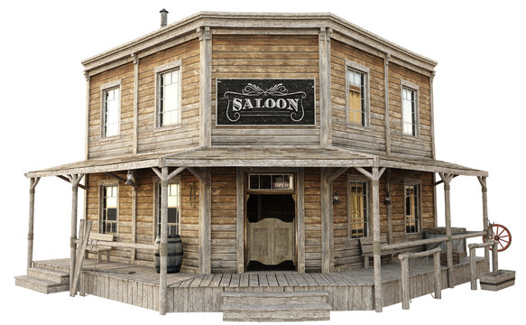 Western town saloon on an isolated white background. 3d rendering