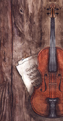 Watercolor vintage violin fiddle musical instrument with music notes on wooden texture background