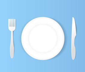 plate  knife and fork white set.paper art vector illustration