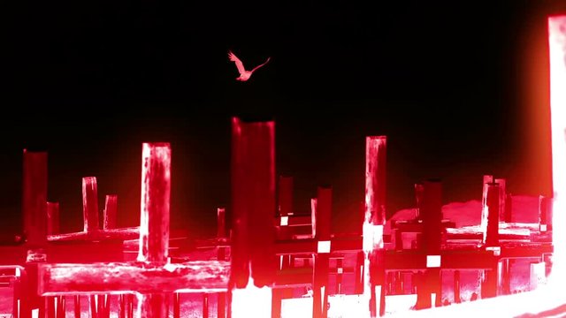 Raven flying low over glowing red wooden cemetery crosses abstract black sky Nuuk Greenland