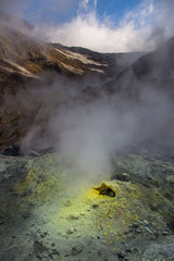 inside Mutnovsky Volcano  active vents and steam sulphur toxic surreal landscape 