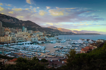 Fototapeta na wymiar Monaco and Monte Carlo principality marina sunset view