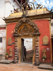 KATHMANDU, BHAKTAPUR, NEPAL. The main entrance of the Palace of fifty five Windows, Golden gate Sun Dhoka. Durbar Square in Bhaktapur, Kathmandu valley