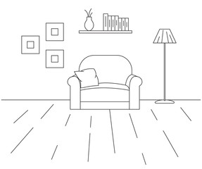 Armchair, next to a floor lamp. Shelf with books, frames on the wall. Linear sketch of the interior in a modern style.