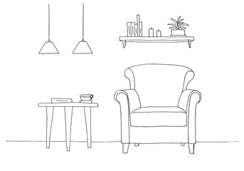 Chair, table with mug. Two low-suspended lamps above the table. Shelf with books and plants. Hand drawn vector illustration of a sketch style