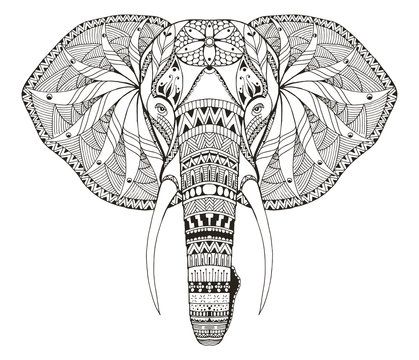 Elephant head zentangle stylized, vector, illustration, freehand pencil, hand drawn, pattern. Zen art. Ornate vector. Lace. Coloring.