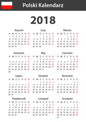 Polish Calendar for 2018. Scheduler, agenda or diary template. Week starts on Monday