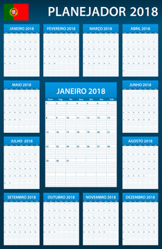 Portuguese Planner blank for 2018. Scheduler, agenda or diary template. Week starts on Monday