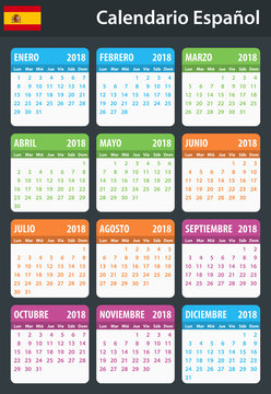 Spanish Calendar for 2018. Scheduler, agenda or diary template. Week starts on Monday