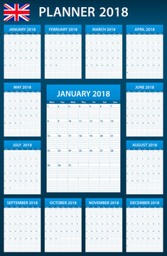 UK Planner blank for 2018. English Scheduler, agenda or diary template. Week starts on Monday
