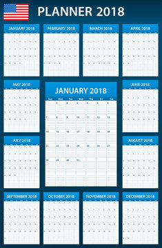 USA Planner blank for 2018. Scheduler, agenda or diary template. Week starts on Sunday.