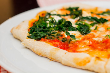 Fresh baked pizza with melted cheese, Italian herbs and tomato sauce and fresh basil on a white plate. Italian food, menu, restaurant concept
