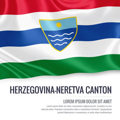 Federation of Bosnia and Herzegovina state Herzegovina-Neretva Canton flag waving on an isolated white background. State name and the text area for your message. 3D illustration.