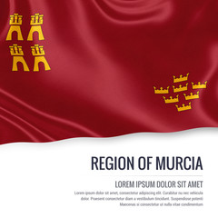 Spanish state Region of Murcia flag waving on an isolated white background. State name and the text area for your message. 3D rendering.