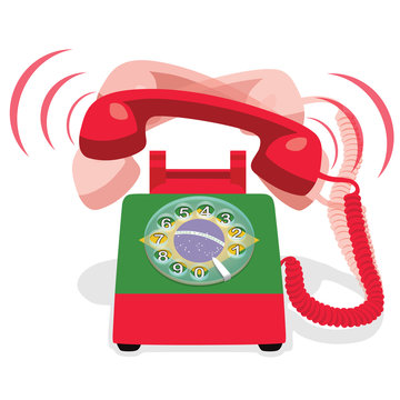 Ringing red stationary phone with rotary dial and flag of Brazil