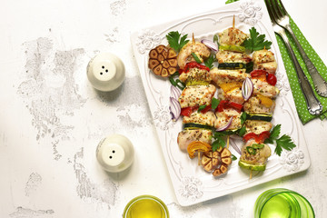 Grilled chicken kebab and vegetables.