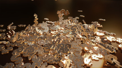 Signs of dollars falling on a pile. Volumetric models.