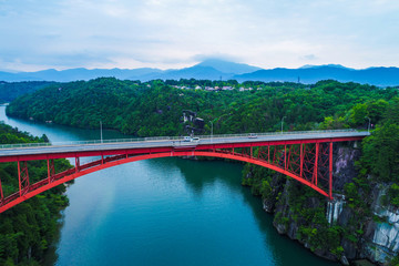 Red bridge seen from the sky
