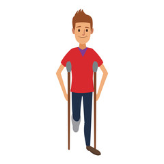 Fototapeta premium man character in crutches disability bandage