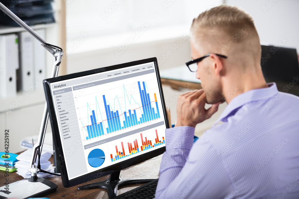 Poster businessman looking at graph on computer