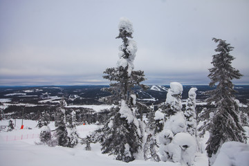 Beautiful cold mountain view of ski resort, sunny winter day with slope, piste and ski lift
