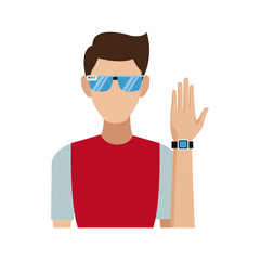 young man wearing vr glasses and smartwatch technology