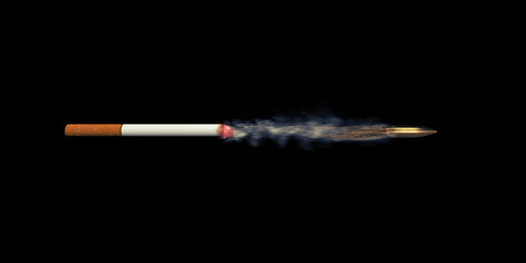 A cigarette with smoke and a bullet flying out of it. Inhaling - killing yourself, exhaling -...