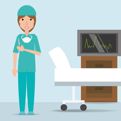 specialist woman doctor with stretcher and cabinet
