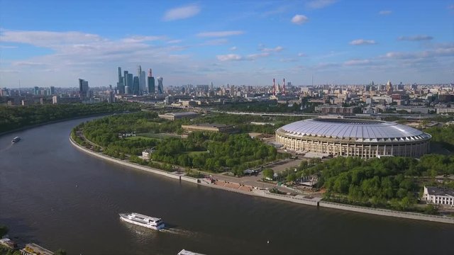 sunny day moscow famous luzhniki stadium sparrow hills cityscape aerial panorama 4k russia
