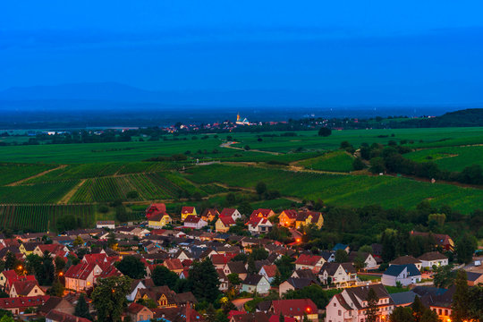 Aerial view to vineyards and church in Epfig, France