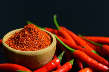 Red chili peppers and chili flakes