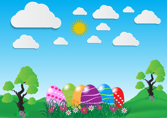 Decorative easter eggs on green grass and white cloud, vector illustration