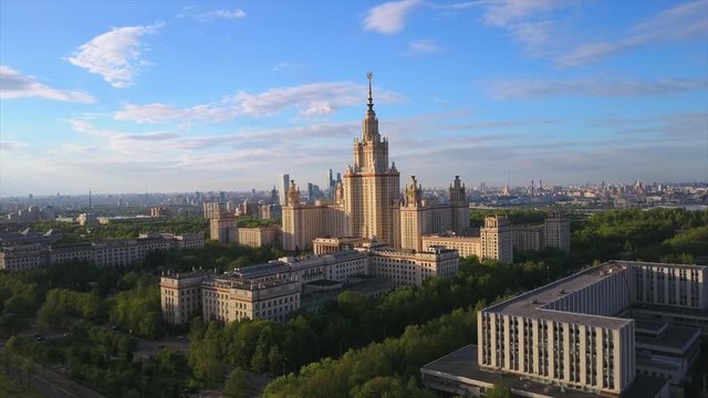 sunset light moscow state university lomonosov avenue aerial panorama 4k russia
