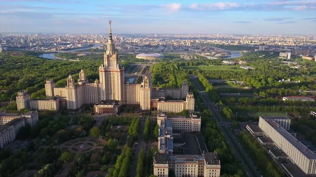 sunset evening moscow state university sparrow hills aerial panorama 4k russia

