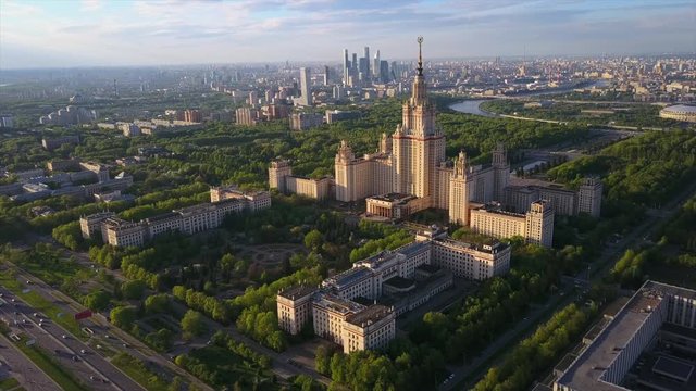 moscow city state university sparrow hills aerial sunset panorama 4k russia

