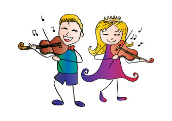 Obraz premium Cartoon boy and girl playing the violin