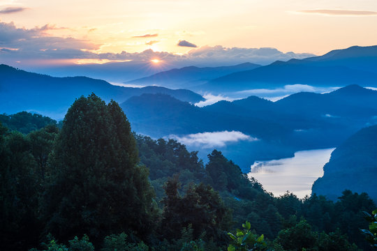 Sunrise Over The Smoky Mountains And Fontana Lake, Near Smoky Mountains National Park, NC