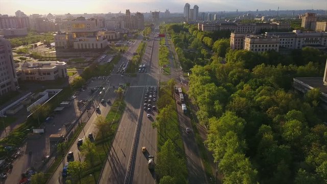 sunset light moscow state university traffic lomonosov avenue aerial panorama 4k russia
