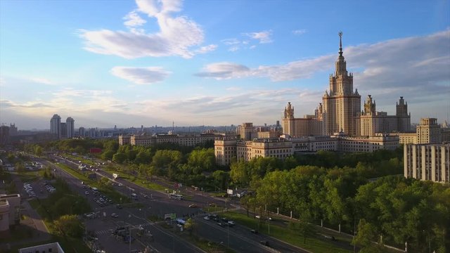 moscow sunset light state university lomonosov prospect aerial panorama 4k russia
