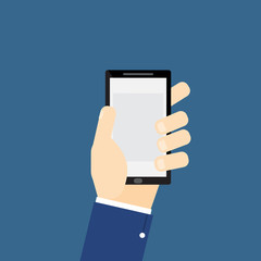 Human hand holding smartphone / smart mobile phone flat vector illustration